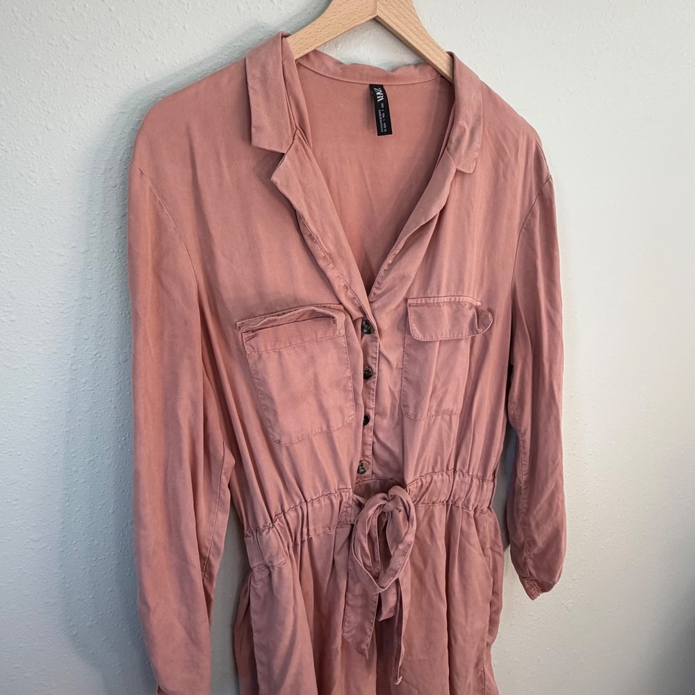 Zara Shirt Dress Womens Large Rose Pink Utility Tie Waist Safari Chic Pocketed - Picture 14 of 16